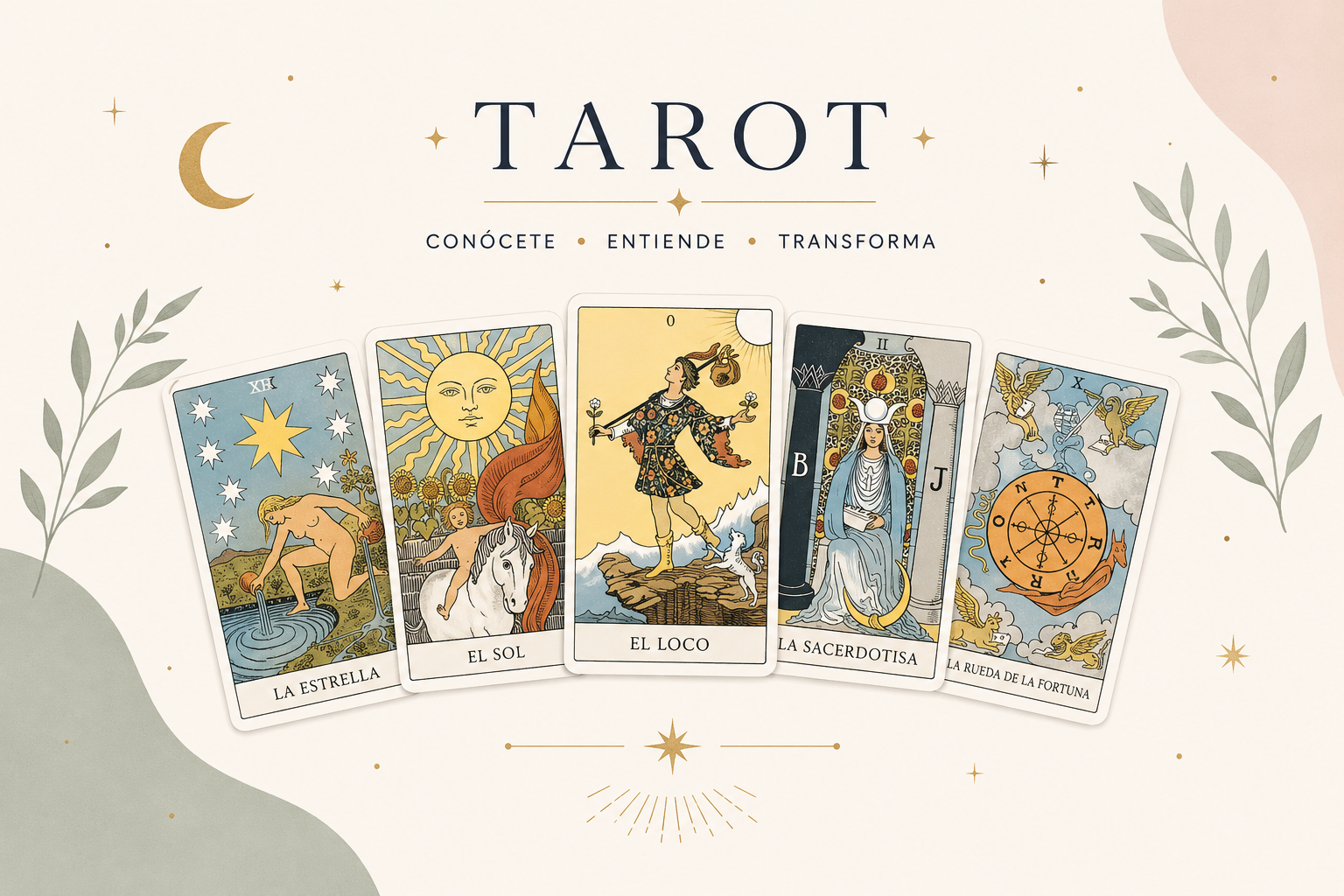 Cinco cartas de tarot en abanico: La Estrella, El Sol, El Loco, La Sacerdotisa y La Rueda de la Fortuna